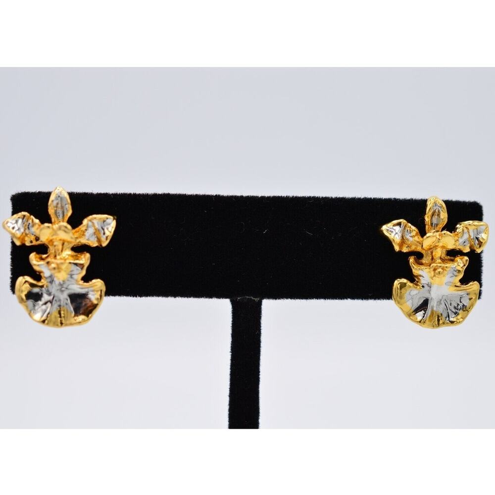 Vintage Stud Earrings Gold Silver Stud Flower Lilly 2-Tone Pierced 1980s BinAF